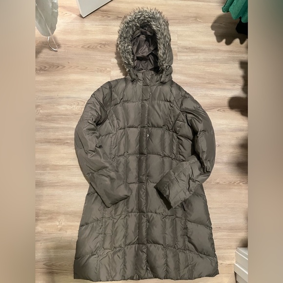 Eddie Bauer Taupe Brown Grey Puffer Fur Fleece Lined goose down parka - Picture 2 of 8